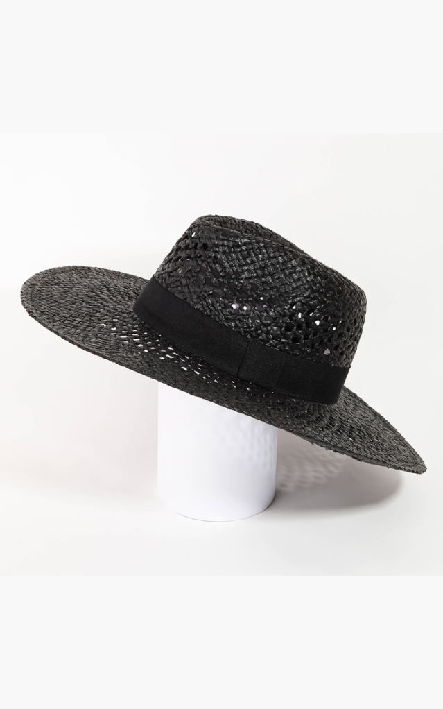 Stella Black Straw Weave Flat Rim Sun Hat forever young swimwear