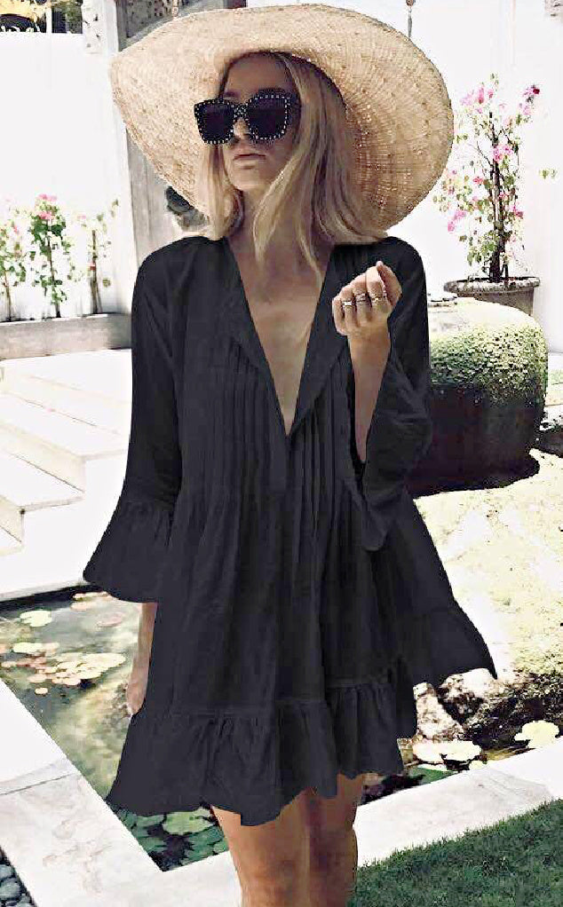 LONG SLEEVE V-NECK COVER UP BABY DOLL DRESS forever young swimwear and boutique